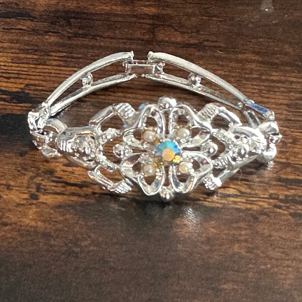 Vintage Silver Tone Floral Hinged Bangle Bracelet Aurora Borealis Rhinestone